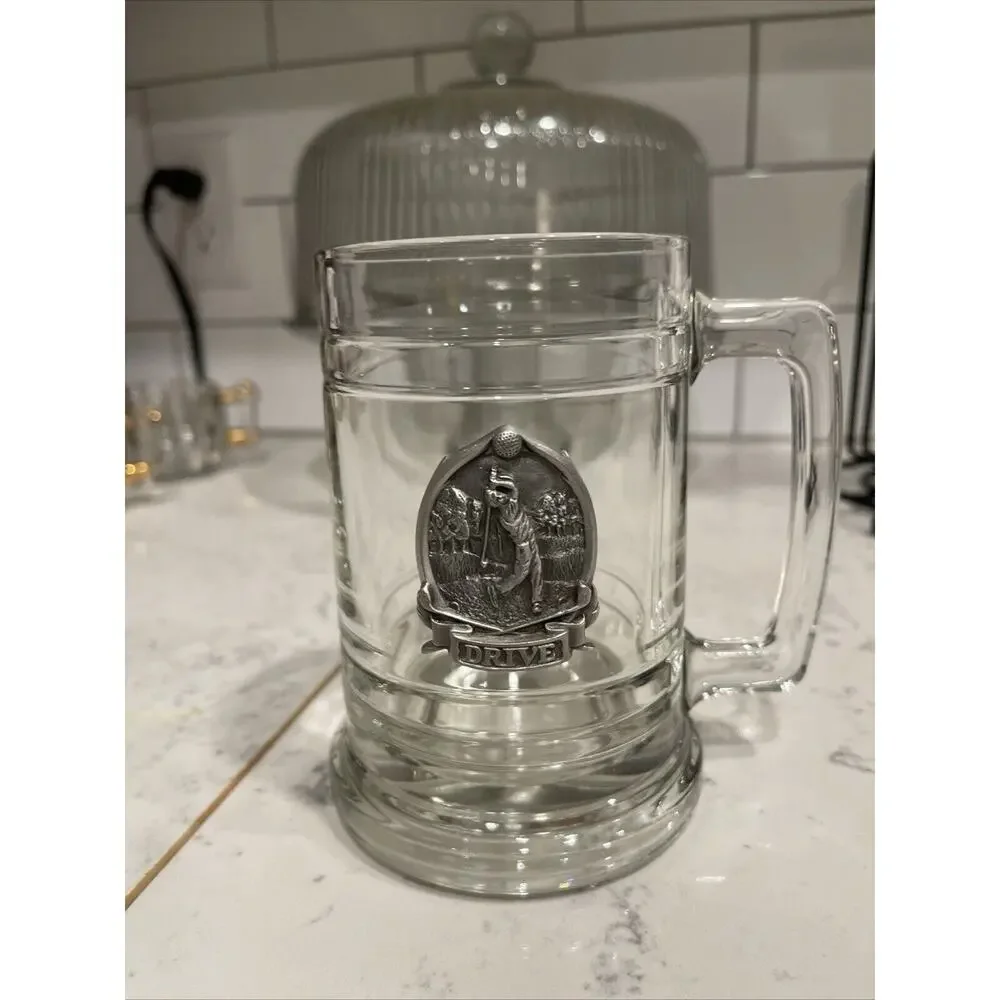 Drive!!Clear Glass Beer Stein Mug Raised Attached Golf Swing Pewter Medallion